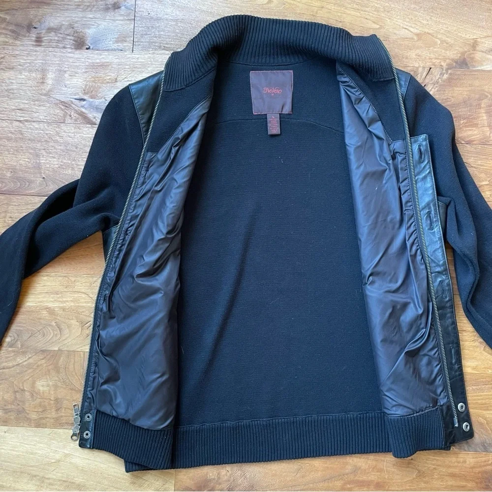 Tre Vero Men's Black Leather Sweater Jacket Button Front Stand Collar size L